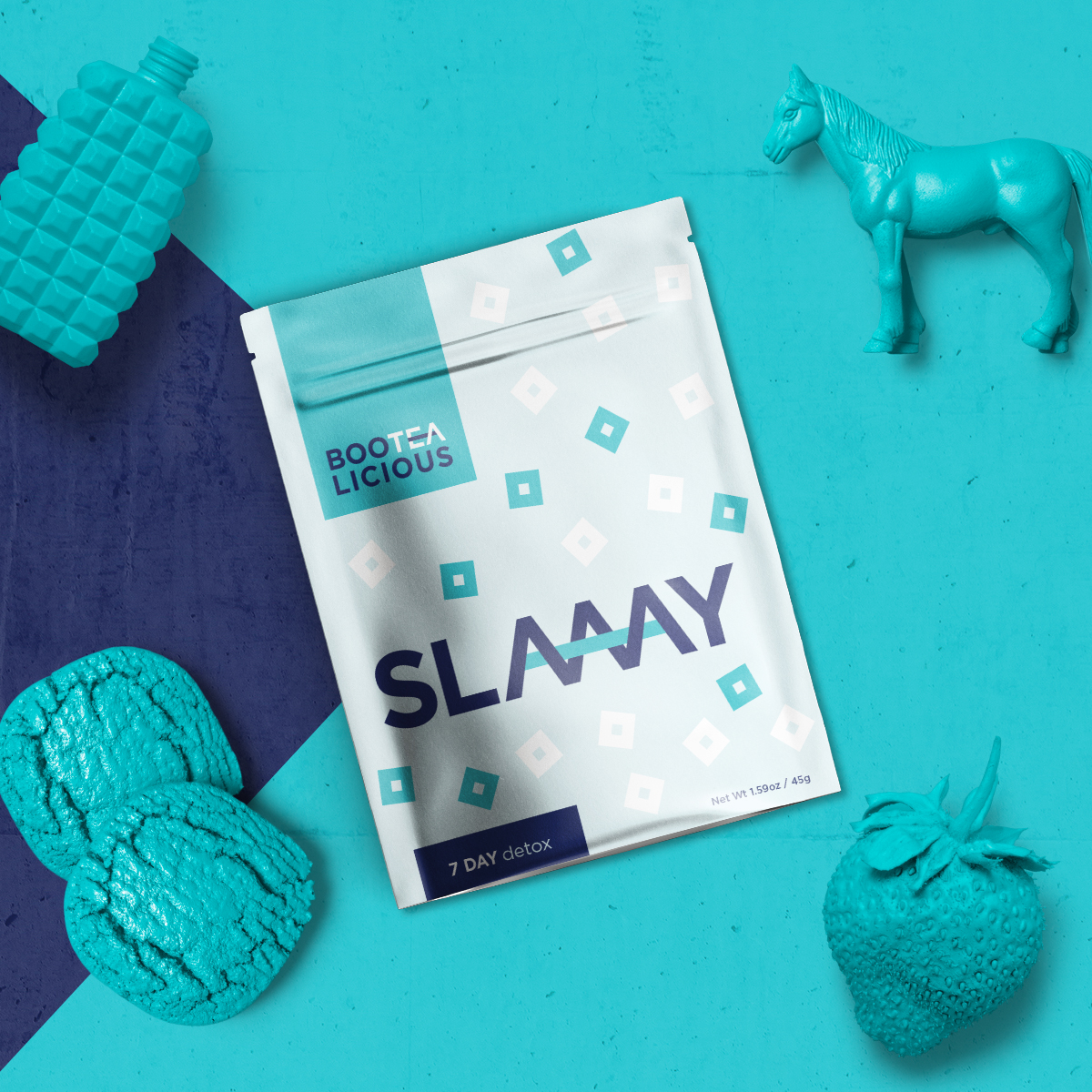 Slaaay tea packaging flatlay